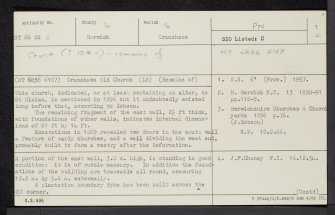 Cranshaws, Old Parish Church And Churchyard, NT66SE 6, Ordnance Survey index card, page number 1, Recto