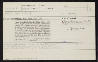 Five Stone Field, NT72NE 2, Ordnance Survey index card, Recto