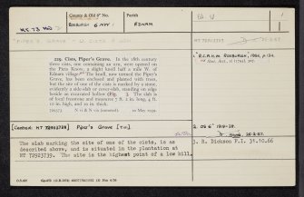 Piper's Grave, NT73NW 2, Ordnance Survey index card, page number 1, Recto