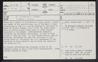 Fogo, St Nicholas' Chapel, NT74NE 3, Ordnance Survey index card, page number 1, Recto