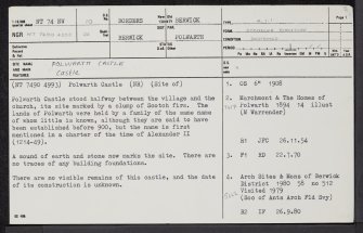 Polwarth Castle, NT74NW 10, Ordnance Survey index card, page number 1, Recto