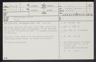 Mersington Tower, NT74SE 1, Ordnance Survey index card, page number 1, Recto