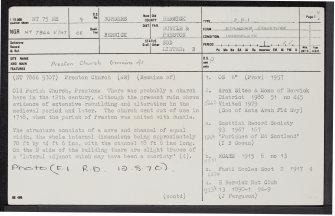 Preston, Old Parish Church And Graveyard, NT75NE 9, Ordnance Survey index card, page number 1, Recto