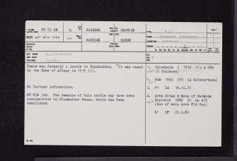 Blackadder House, NT85SE 16, Ordnance Survey index card, page number 1, Recto