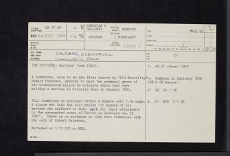 Caldons, Glentrool, Covenanter's Grave, NX37NE 4, Ordnance Survey index card, page number 1, Recto