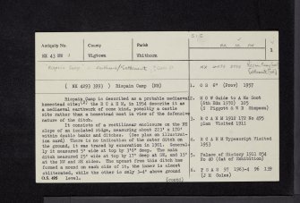Rispain Camp, NX43NW 3, Ordnance Survey index card, page number 1, Recto