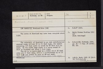 Boreland Mote, NX65SW 7, Ordnance Survey index card, page number 1, Recto