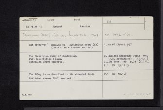 Dundrennan Abbey, NX74NW 12, Ordnance Survey index card, Recto
