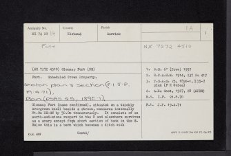 Glennap Fort, NX74NW 14, Ordnance Survey index card, page number 1, Recto