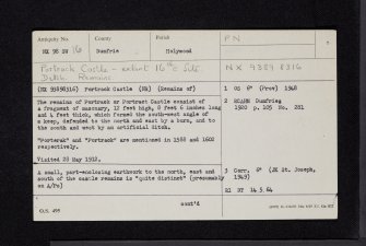 Portrack Castle, NX98SW 16, Ordnance Survey index card, page number 1, Recto