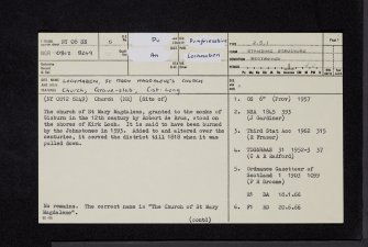 Lochmaben, St Mary Magdalene's Church And Churchyard, NY08SE 5, Ordnance Survey index card, page number 1, Recto