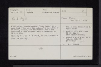 Cove, NY27SE 14, Ordnance Survey index card, Recto