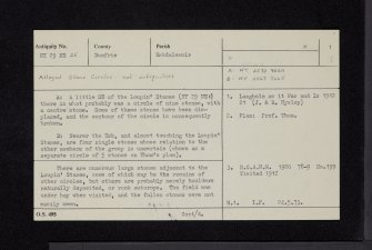 Eskdalemuir, 'stone Circles', NY29NE 25, Ordnance Survey index card, page number 1, Recto