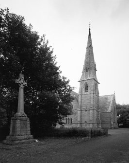 View of Ayton Parish Church from S showing tower, steeple and war memorial to left