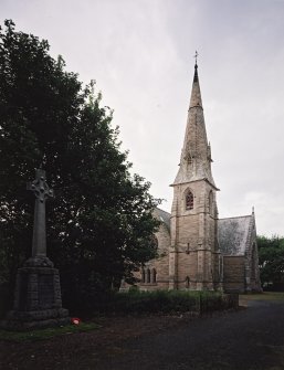 View of Ayton Parish Church from S showing tower, steeple and war memorial to left