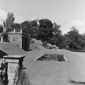 View of formal terraced garden with loggia.