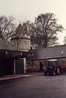 General view of courtyard and tower.