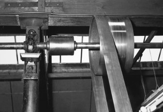 Interior.
Carding shed, detail of column mounted pulley drive.