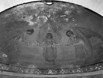 Interior. Detail of apsidal fresco of three angels supporting banner inscribed "Alleluia for the Lord God Omnipoteat reigaeta"