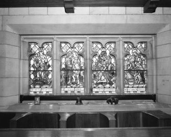 Interior. Chancel. Detail of 4-light glazing row with cusped detailing on S elevation