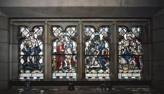 Interior. Chancel. Detail of 4-light glazing row with cusped detailing on S elevation