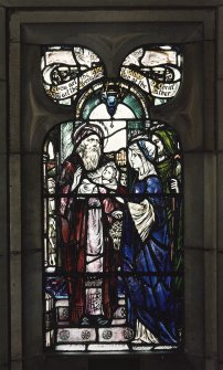 Interior. Chancel. Detail of stained glass window with cusped detailling on S elevation