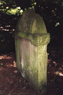 Minto House, Church and Graveyard.
18th century gravestone with inscription for William Dods, Helen Dods and their six children. View of side and stone inscription.