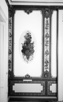 Interior.
First floor, salon, N room, detail of decorated panelling possibly by A. Roos.