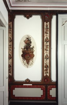 Interior.
First floor, salon, N room, detail of decorated panelling possibly by A. Roos.