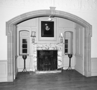 Interior. First floor, music room (former billiard room), fireplace, detail