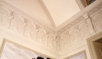 Interior. First floor, music room (former billiard room), frieze painted by Andrew Maclaren and cornice, detail