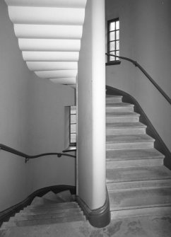 Interior. View of E stair, leading up to billiard / music room