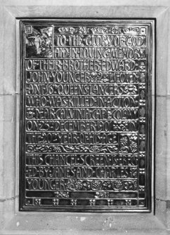 Interior.
Detail of memorial plaque to Edward John Younger on chancel wall.