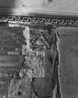 Interior.
View of exposed plasterwork on W wall of S central apartment on second floor.