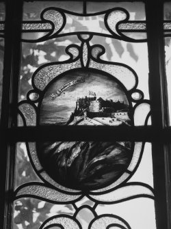 Stained glass depicting Edinburgh Castle, detail