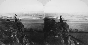 Woman standing at edge of cliff.
Negative insc: 'Excelsior Stereoscopic Tours', 'Windings of the Forth from Abbey Craig, near Stirling', 'Copyright 1897, by MR Wright'.