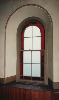 Interior.
Preaching auditorium, detail of coloured glass window.