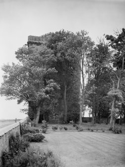 General view of Elphinstone Tower obscured by trees.