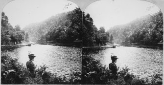 Woman sitting at edge of Loch Katrine.
Negative insc: 'Excelsior Stereoscopic Tours', 'The Trossachs Pier, Loch Catrine, Scotland', 'Copyright 1897, by MR Wright'.