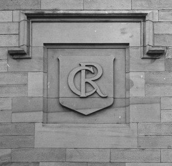 Stirling railway station. W facade, detail of inscribed date plaque.