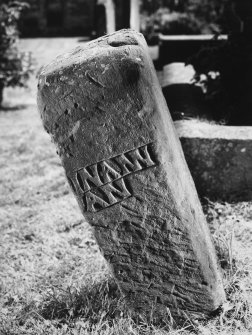 View of chamfered edge on rear face of reused medieval gravestone set on end.