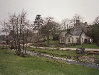 General view of tower house and steading from NE.