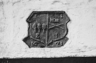 Detail of armorial panel of 1673 on NE elevation.