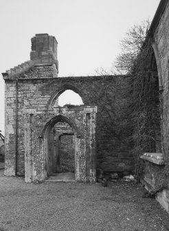 View of NW entrance porch and N wing of church.