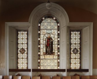Interior.
First floor, hall, detail of NE stained glass window.