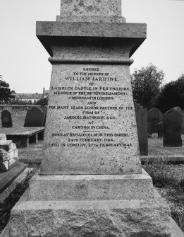 Detail of inscription to William Jardine on base of obelisk.