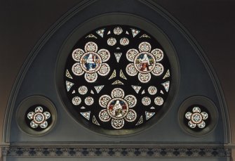 Interior.
Detail of W Rose window designed by William Starforth  executed by James Ballantine & Son 1887.