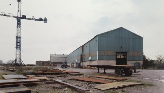 View from NW along NE side of Bay 1 [Plate Fabrication and Cylinder Fabrication Shop], with tower crane (Blinkin' Bess) to L