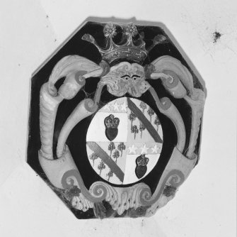 Interior.
Detail of painted coat of arms on vaulted ceiling.