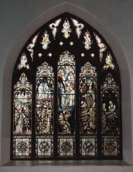 Interior. E transept galley stained glass window by Camm Bros c.1880 Old Testament Scenes